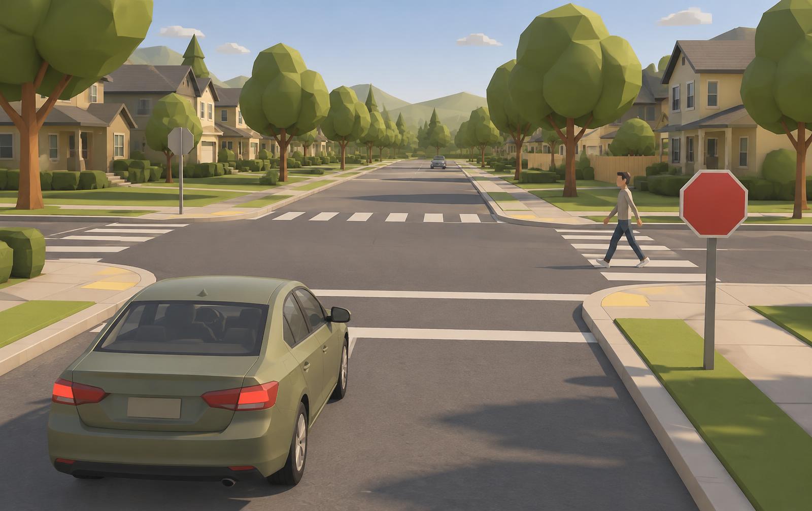 Low-poly suburban four-way stop with a car at the limit line and a pedestrian crossing